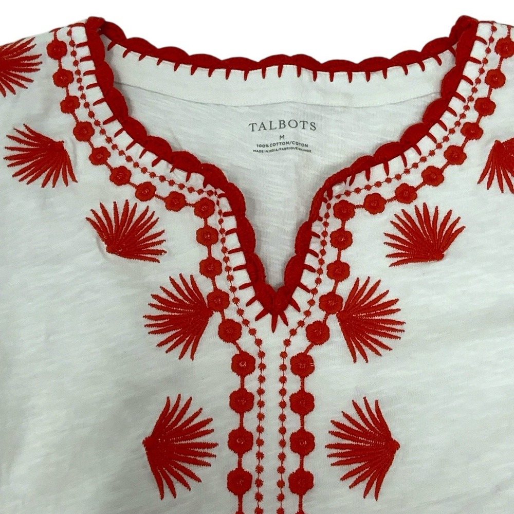Talbots Womens Medium Top Red White Embroidered Floral Palm Tee Short Sleeve - Picture 5 of 12